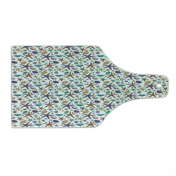 Nautical Cutting Board, Abstract Colorful with Seashells and Starfishes Pattern Summer Fun Graphic, Decorative Tempered Glass Cutting and Serving Board, in 3 Sizes, by Ambesonne
