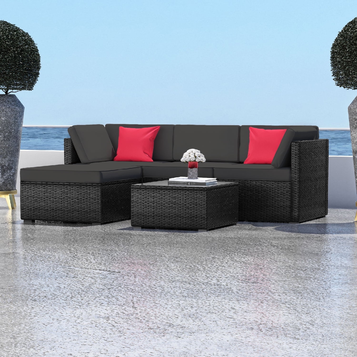 Hearth & Harbor 5-Piece Outdoor Furniture Sets, Wicker Sectional Patio Set, Black/Gray