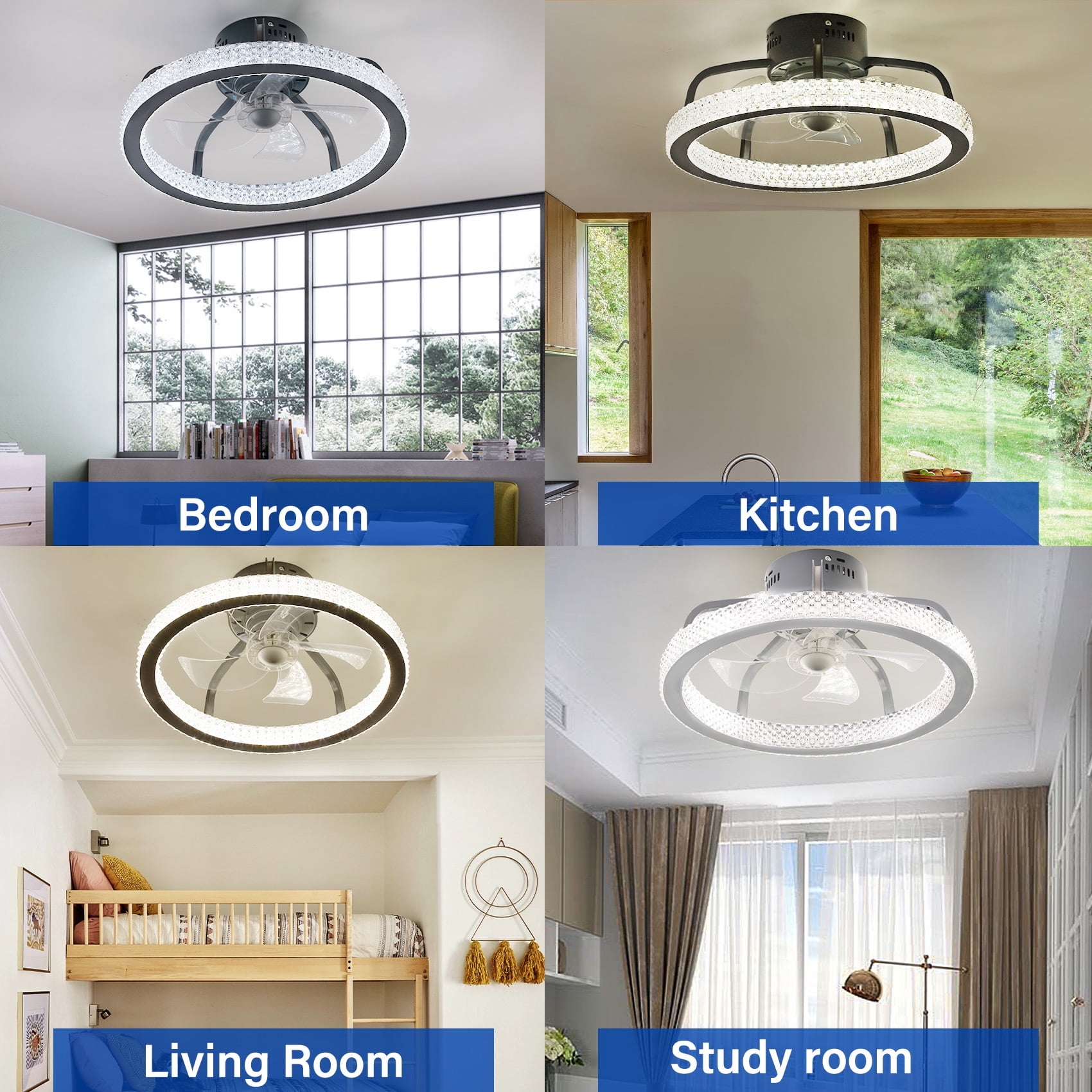 TCFUNDY 18" RGB LED Ceiling Fan Light Kit w/ Bluetooth Speaker, Low Profile Ceiling Fan Light, Semi Flush Mount Fandelier, APP & Remote Control, Black