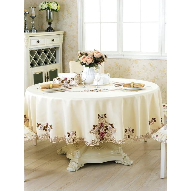 1pc Round Dining Table Cloth With opean Rural Style Yellow Polyester Fabric & Multicolor Embroidery Hollow Out Lace Trim Decor For Round Table, Hom