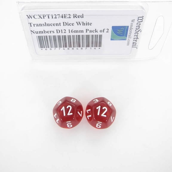 Red Translucent Dice with White Numbers D12 Aprox 16mm (5/8in) Pack of 2 Wondertrail