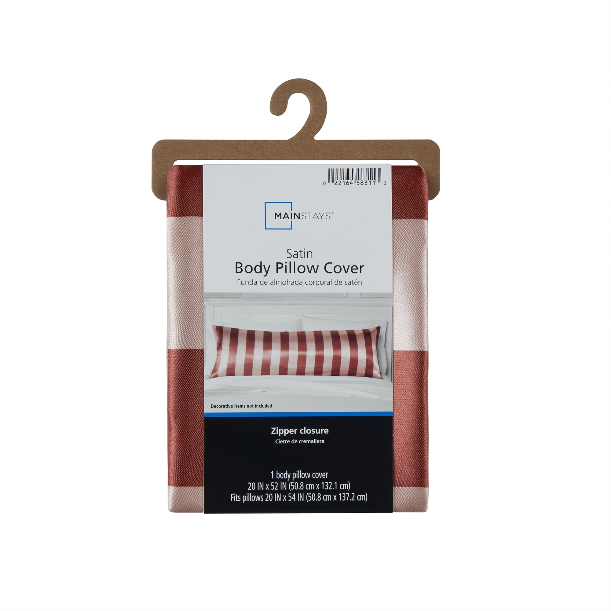 Mainstays Satin Body Pillowcase - Cabana Stripe Pink & Terracotta - 20"x52" - Frizz Control & Cooling Comfort - 1 Pack