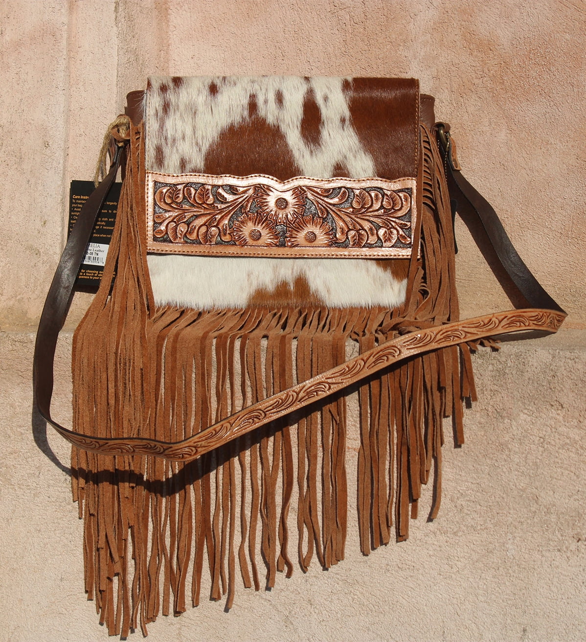 Fringe Purse Western Purses for Women Crossbody Bag | Leather Hand-Tooled Western Bag (Tan)