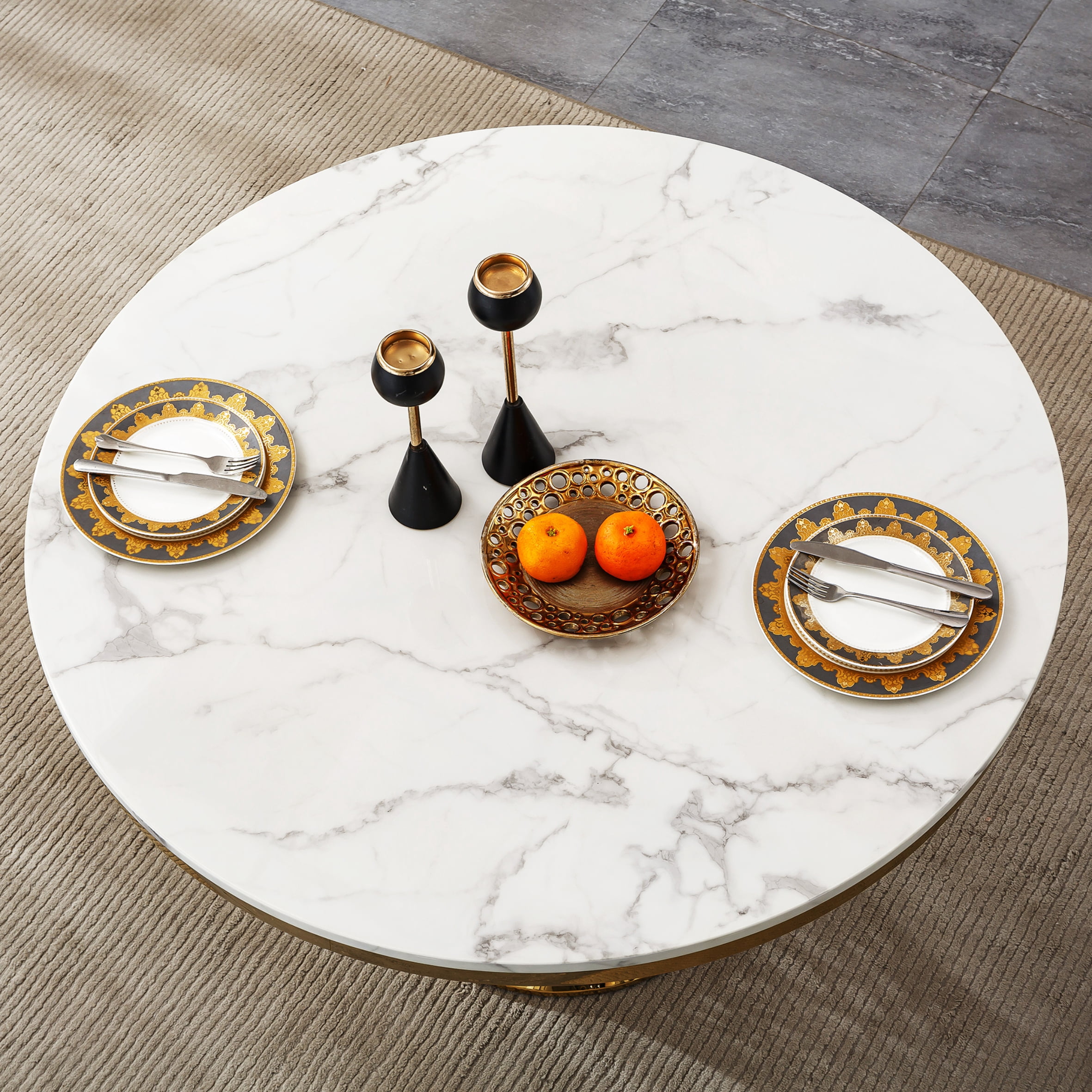 GAKMCIL 47" Round Marble Dining Table for 4-6 People, Modern Kitchen Table with High Glossy Faux Marble Top, Stainless Steel Base, 300lbs Load, Easy Assembly for Dining Room, Kitchen (Gold&White)