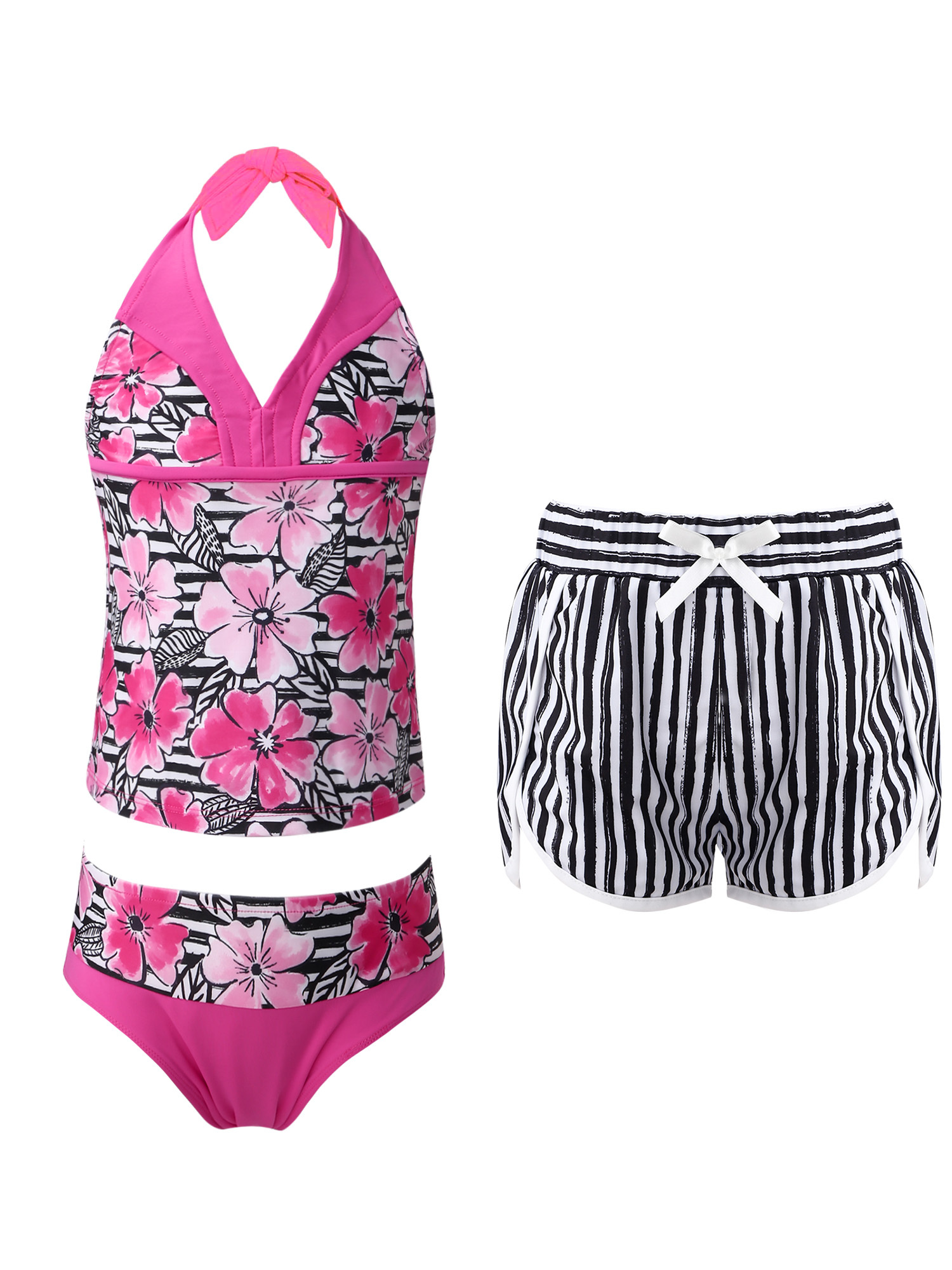iiniim Kids Girls 3 Pcs Swimsuit Floral Halter Swim Top+Triangle Brief