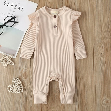 

Caitzr Baby Spring Romper Solid Color Long Ruffle Sleeve Round Neck Outfit Ribbed Button Closure One-piece Jumpsuit