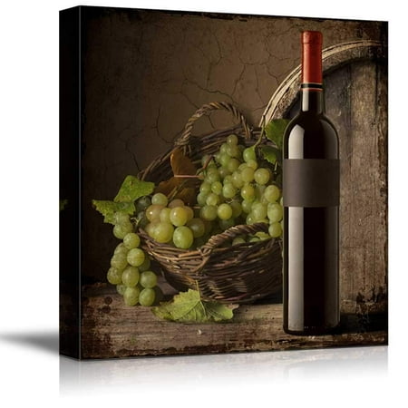 Wine Bottle Art wall26 - Square Canvas Wall Art - Rustic Style Wine Bottle with Grapes and Wooden Barrel - Giclee Print Gallery Wrap Modern Home Decor Ready to Hang - 12x12 inches ()