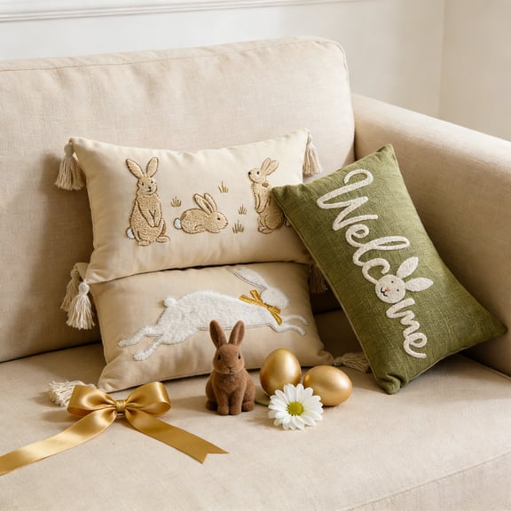 AZXY Easter Lumbar Throw Pillow Cover 12x20, Decorative Bunny Tufted Embroidered Pillowcase, Soft Polyester Farmhouse Pillow Cover for Couch Sofa Living Room Bedroom Spring Easter Home Decor