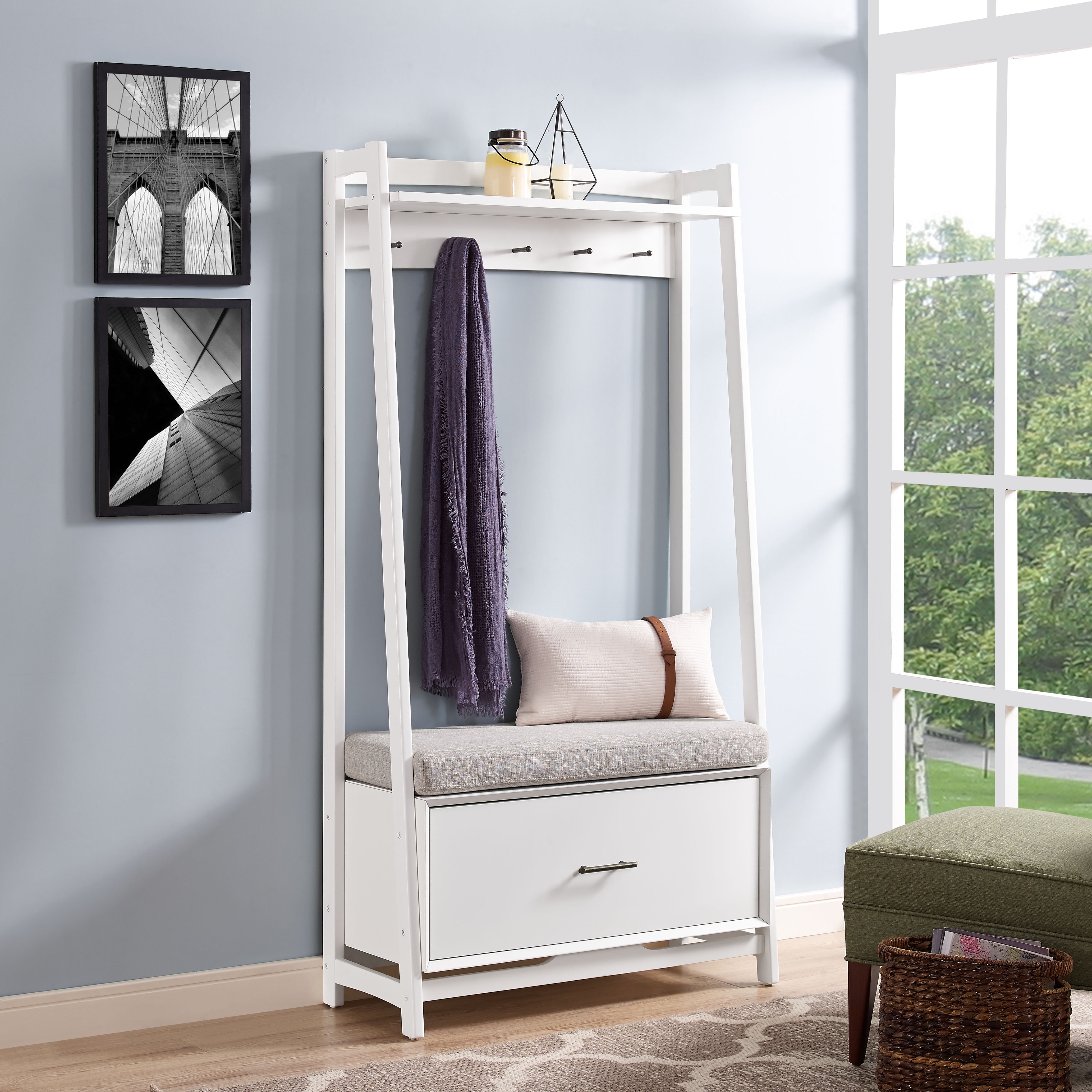 Contemporary Landon Hall Tree with Storage Bench, White