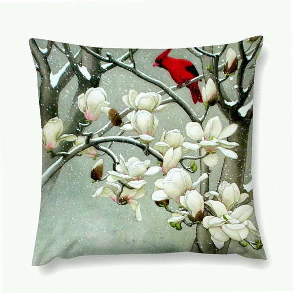 Cardinal Magnolia Velvet Throw Pillow - Double Sided Zipper Cover 18x18 - Decorative Cushion for Couch, Sofa, Outdoor - Soft & Stylish Home Decor