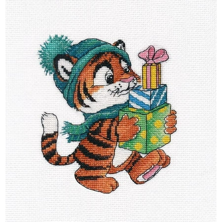 UPC: 4680021533112 | Counted Cross Stitch Kit Tiger With Gifts 1427 Needlework Easy Animal Orange Black By Oven Canvas Cotton