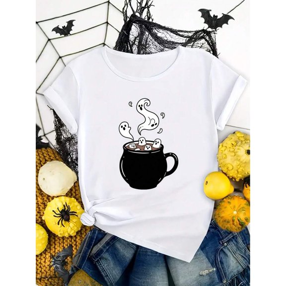 Halloween Print Comfortable T-Shirt, Cute Home, Work, And Party T-Shirt