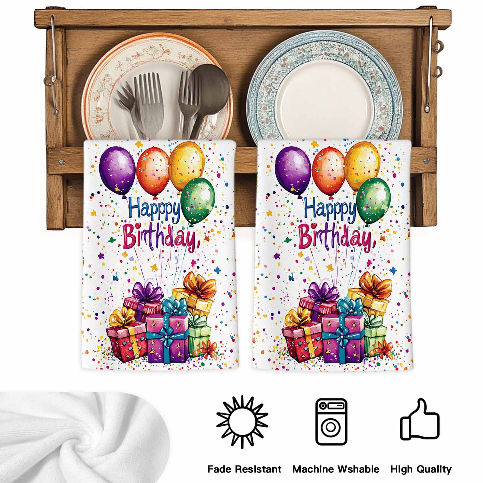Happy Birthday Kitchen Towels Set of 2, Colorful Balloon Gifts Patterns Soft Microfiber Dish Towels, Absorbent Quick-Dry Washable Dishcloths for Kitchen Cleaning, Drying Dishes, 18x28 Inches