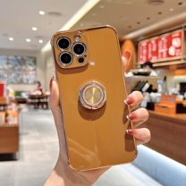 Dteck Case for iPhone 12 Pro with Ring Holder, Luxury Shiny Electroplated Plating Rose Gold Edge 360° Rotatable Magnetic Stand Cover, Soft Rubber Protective Phone Case for iPhone 12 Pro,Brown