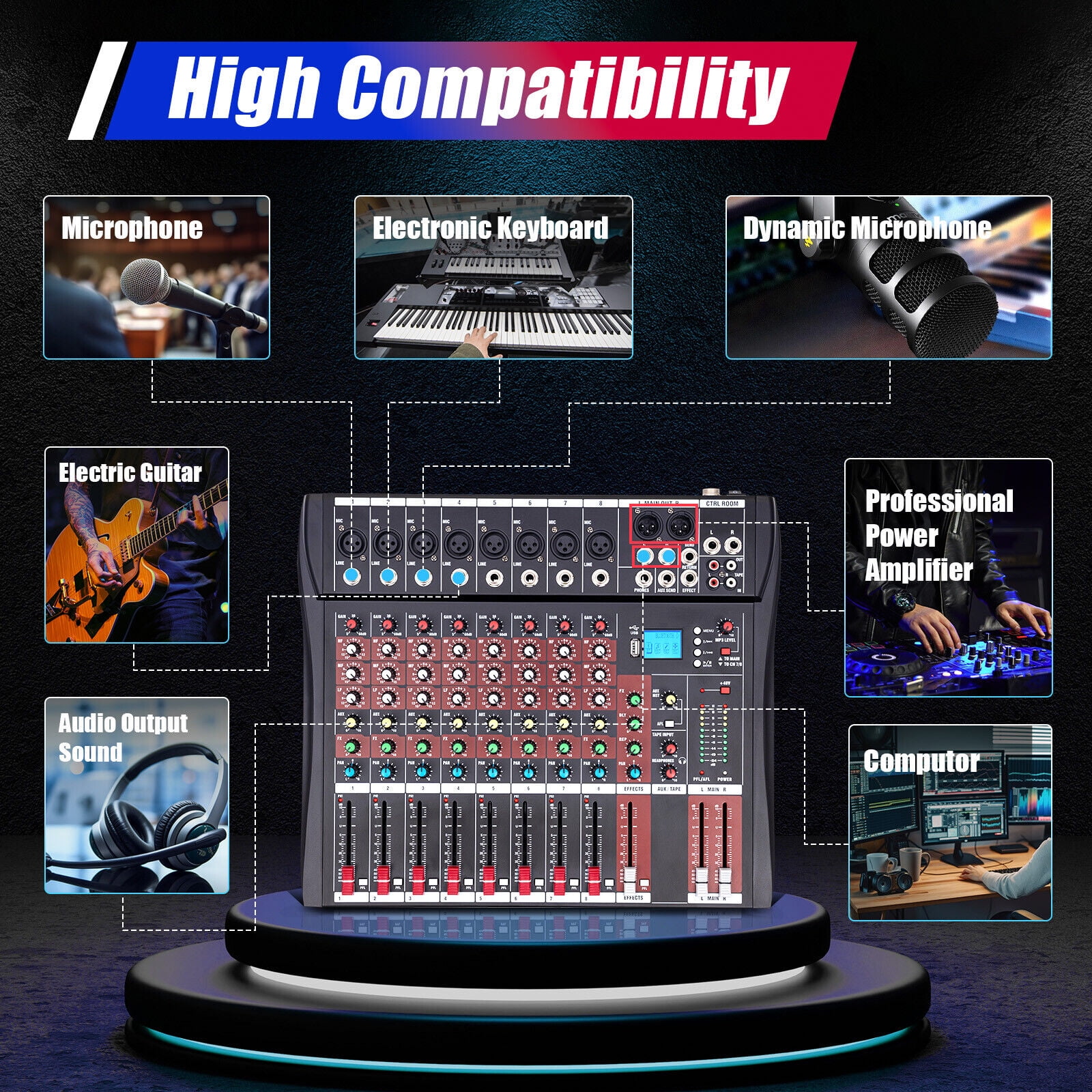 Bluetooth Studio Audio Mixer Live Sound Mixing Console Desk System Interface with USB Drive for PC Recording Input AC 110V 50Hz 18W for Professional and Beginners Recording Function (8 Channel)