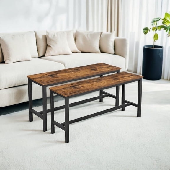 VASAGLE Dining Bench, Pair of 2, Industrial Style, Steel Frame, for Kitchen, Living Room, 12.8 x 42.5 x 19.7 Inches, Rustic Brown   Black