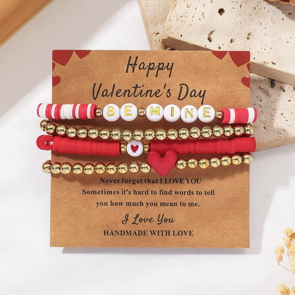 Love Bracelets for Women Pink Clay Bead Bracelet Set Love Heart Boho Cute Pink Red Stackable Stretch Jewelry Mother's Day Birthday Mom Mama Gifts