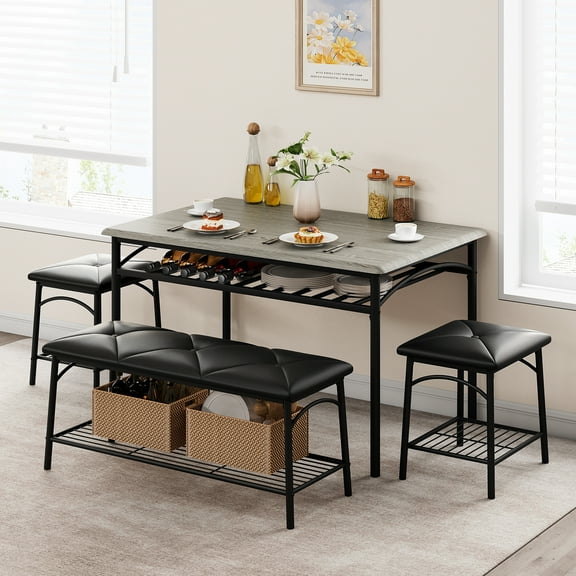 GAOMON Dining Table Set for 4,Kitchen Table with Upholstered Bench and 2 Square Stools 4 Piece Dining Set with Storage Shelves Dining Furniture Set for Small Space Apartment,Gray