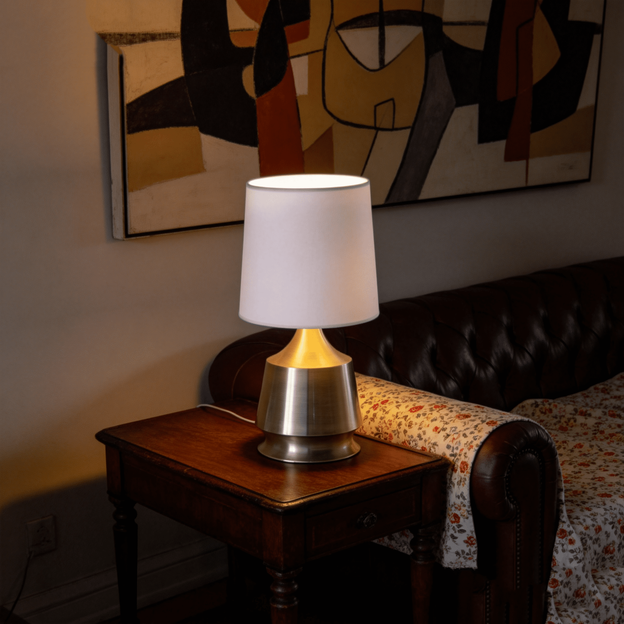 JERFIT 14" Table Lamp, Antique Brass Metal Base with White Drum Shade, Inline On/Off Switch, UL Listed, for Living Room Bedroom Office