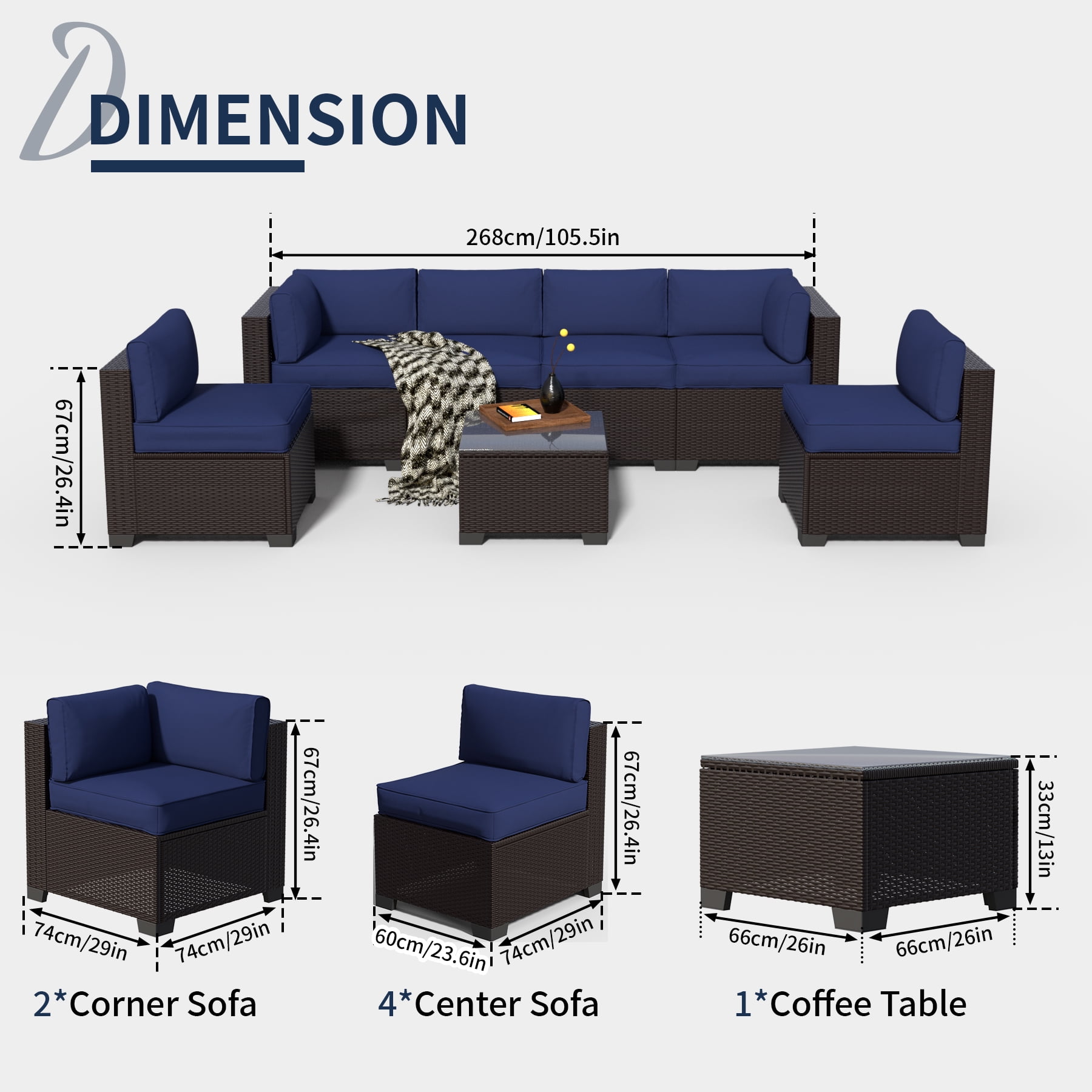 YLGJ&TIDY 7-Piece Outdoor Patio Set, All-Weather Rattan Sofa with Waterproof Cushions and Glass Table for Garden, Poolside, Navy Blue