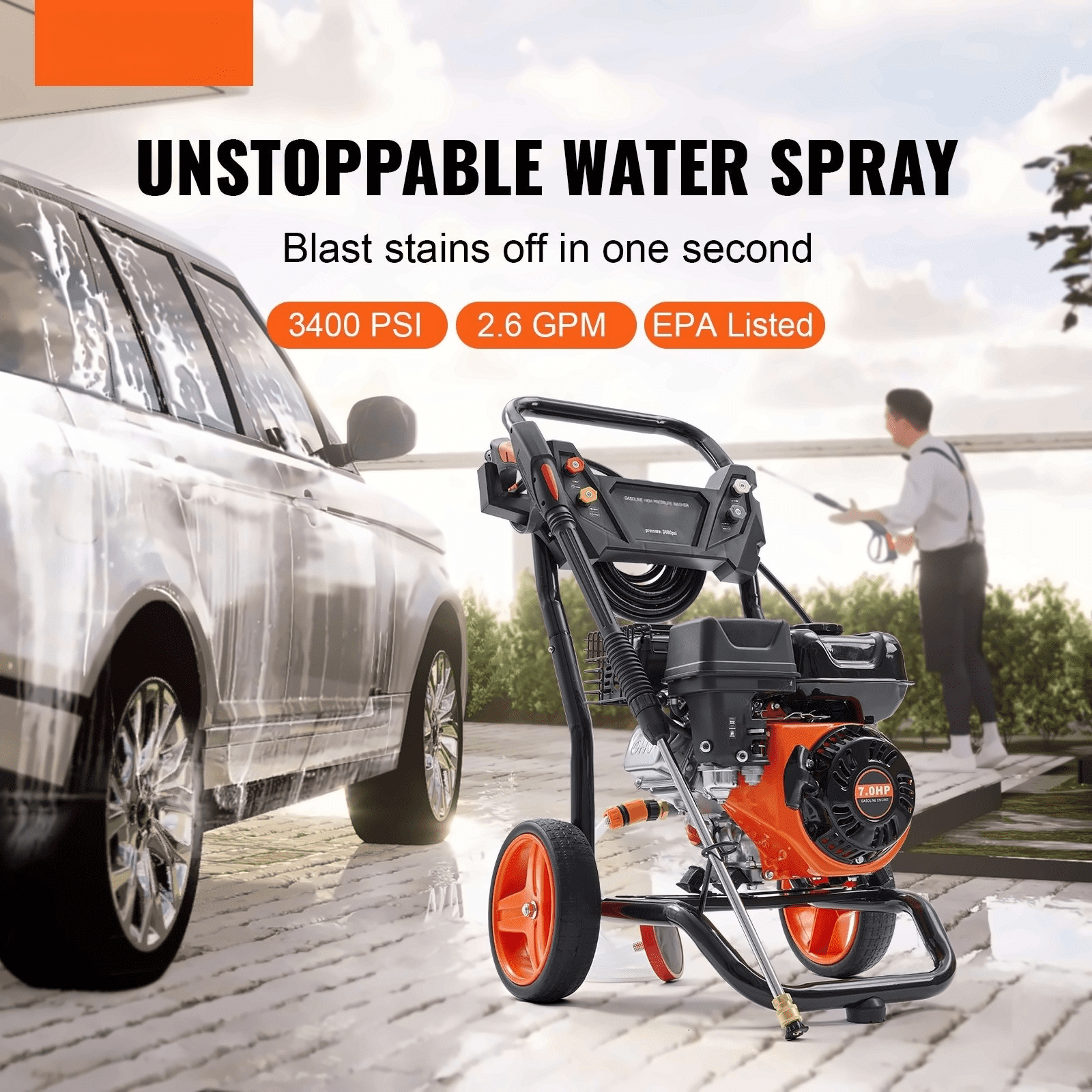 Gas Pressure Washer 3400 PSI 2.6 GPM - Aluminum Pump, Spray Gun, 5 Nozzles - for Cars, Home, Driveway, Patio Cleaning