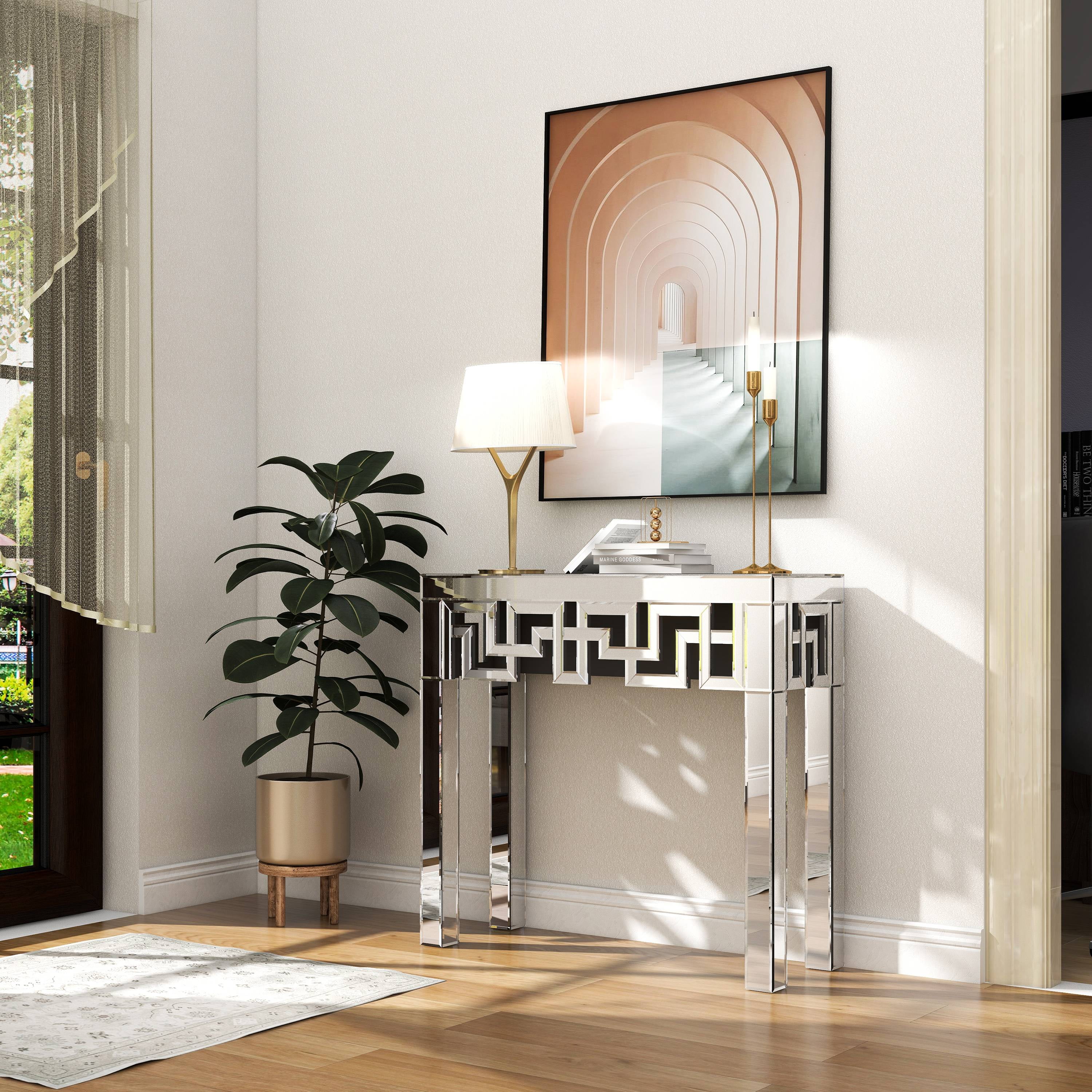 SHYFOY Modern Grecian Venetian Mirrored Console Table Glass Sofa Table Silver Entryway Table for Living Room