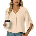 thumbnail image 5 of Usmixi Cute Tops for Women Elbow-Length V-Neck Solid T shirts Summer Casual Lightweight Loose Fit Comfy Chiffon Blouse Beige M Clothes, 5 of 6