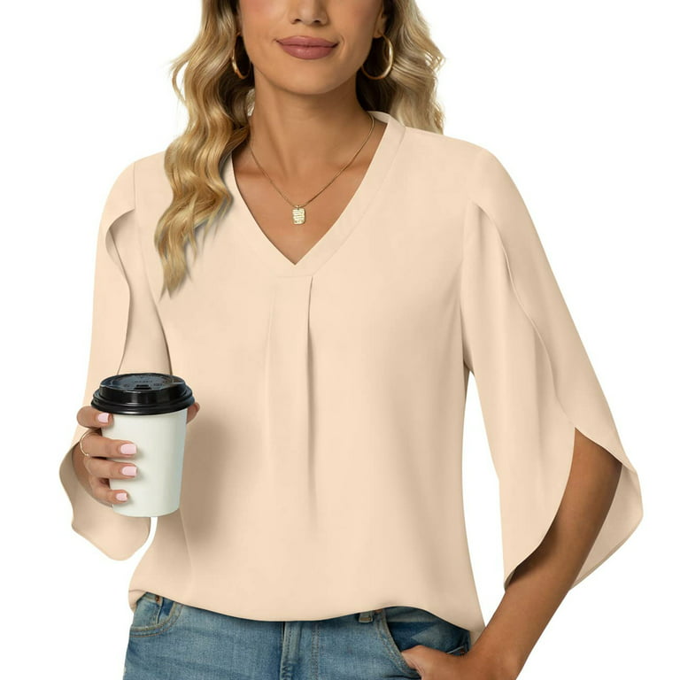 RQYYD Women's 2023 Summer Chiffon Blouse 3/4 Ruffle Split Sleeve V Neck  Pleated Tunic Tops Solid Floral Office Work Shirt for Leggings(Beige,XL) 
