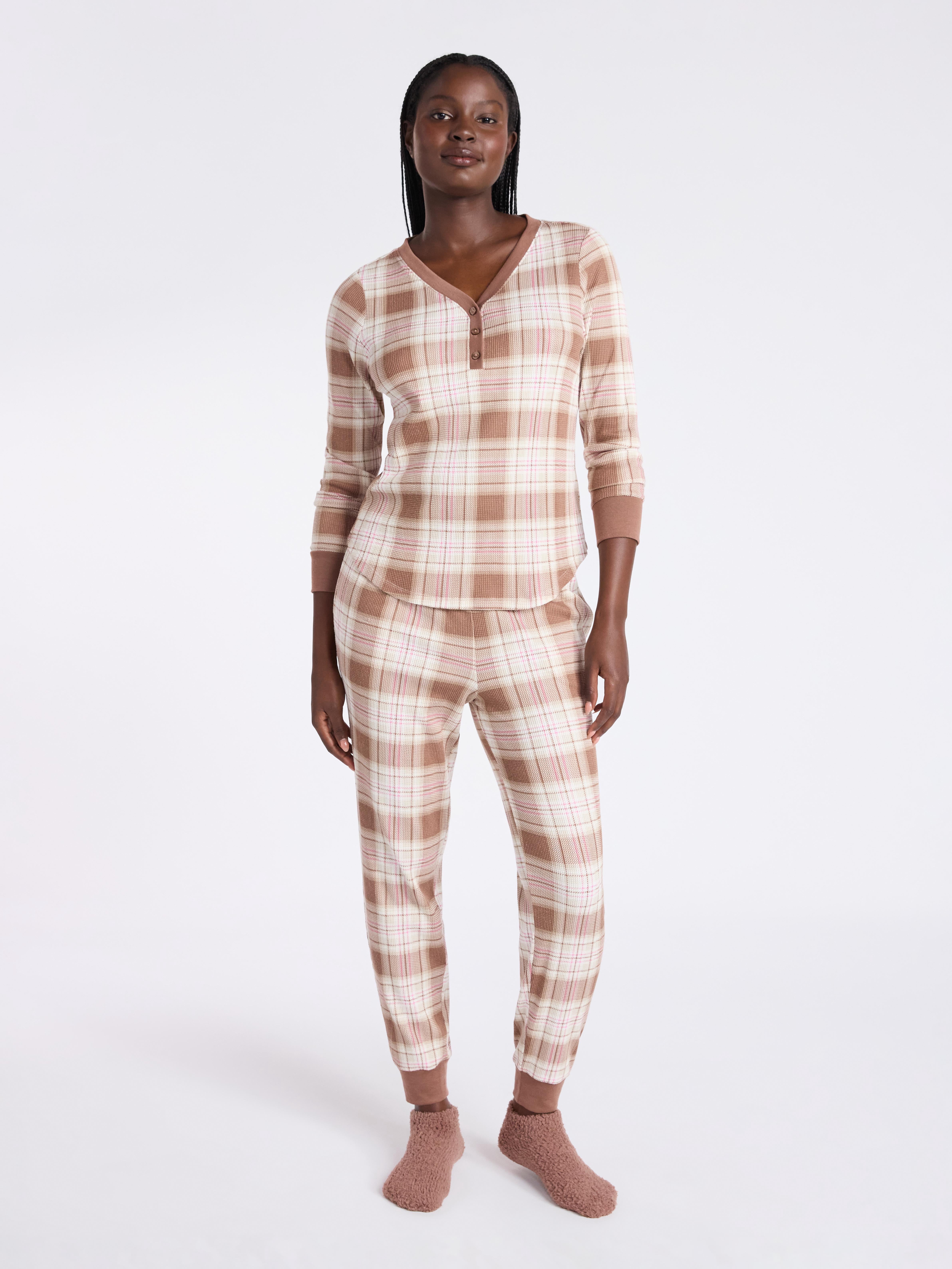 Joyspun Women's Waffle Knit Henley Sleep Top, Joggers and Socks Pajama Set, 3-Piece, Sizes XS-3X