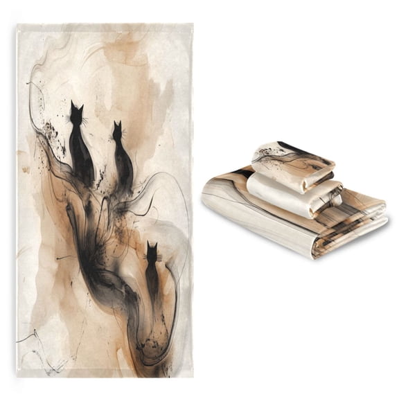 3 Pack Towel Set with Bath Towels, Hand Towels & Washcloths for Everyday Use Beige and Black Swirling Shapes