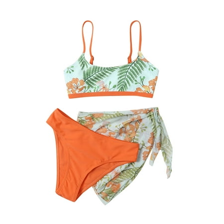 

B91xZ Tankini Girl Swimsuit Toddler Baby Girl s 3 Piece Swimsuits Prints Bikini Bathing Suit Briefs Girls Bikini Beach Orange Sizes 10-12 Years