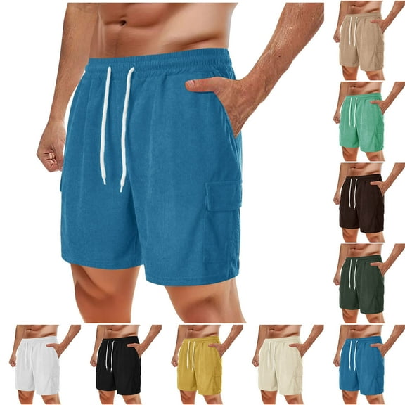 WRKEKC Mens Sports Shorts, Summer Shorts for Men, Men Solid Color Corduroy Casual Draw Rope Waist Pockets Workwear Shorts Pants L