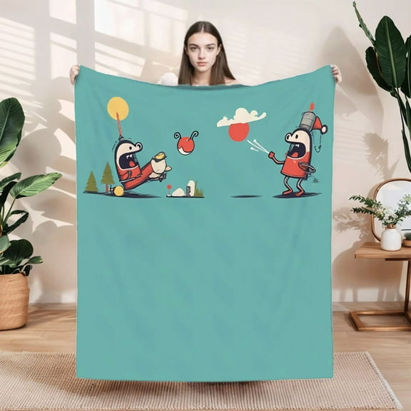 Cozy Cartoon Flannel Blanket - Soft Warm Durable Blanket for Sofa Travel Bed & Chair - Fun Playful Design with Colorful Characters