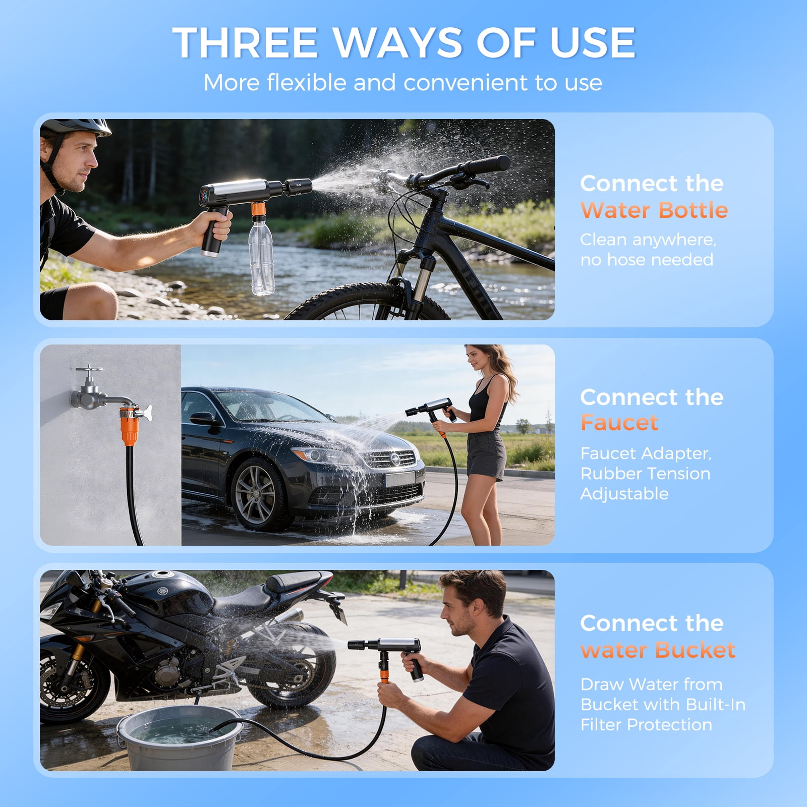 Foldable Cordless Pressure Washer, Portable Battery Power Washer with 5-in-1 Nozzle, 3 Power Levels & LCD Display, USB-C & Car DC Charging, Handheld Pressure Washer for Car, Bike, Patio & Camping