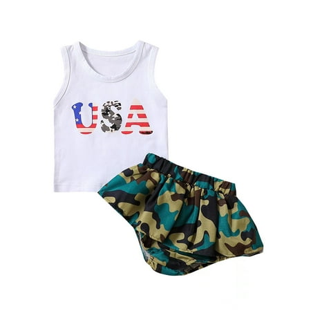 

jaweiwi Baby Toddler Girl 4th of July Outfits 0 6M 12M 18M 24M Sleeveless Letter Print Tank Tops + Camouflage Skirt Shorts Clothes Set