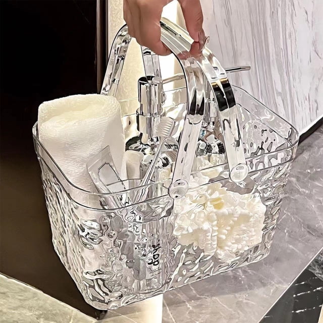 Cesta de plástico transparente con asa | Organizador portátil para baño, cocina y dormitorio | Organizador para artículos de tocador y belleza | Diseño con textura arrugada