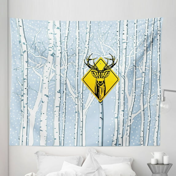 Hunting Tapestry, Attention Deer in the Woods with Warning Sign Leafless Trees Winter Illustration, Fabric Wall Hanging Decor for Bedroom Living Room Dorm, 5 Sizes, Multicolor, by Ambesonne