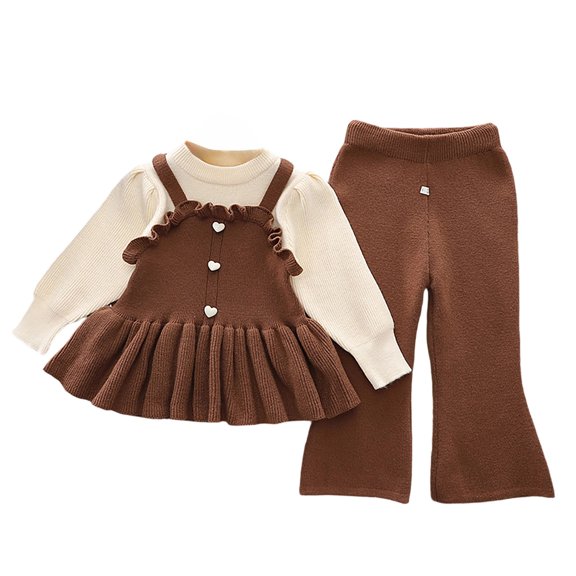 JIAYUE Girls Clothing Set Puff Sleeve Knit Ruffle Button Strap Dress Flared Knit Pants 2 Piece Outfit For Autumn Back To School,2-3 Years
