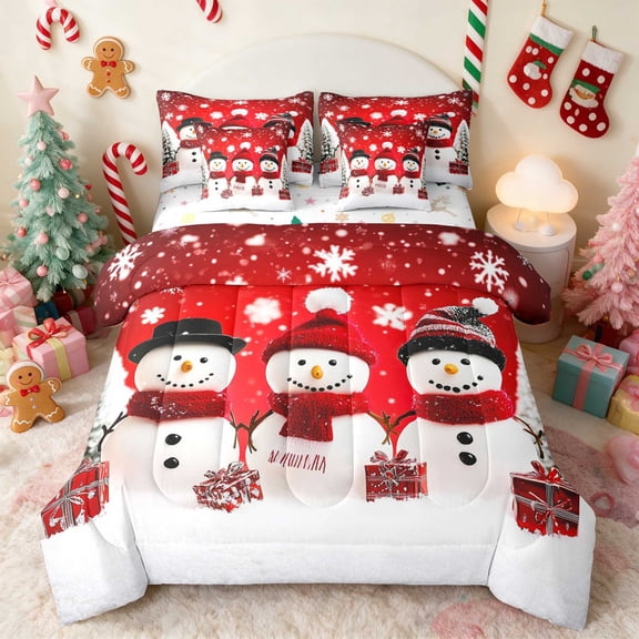 Manfei Snowman Twin Bedding 7pcs Snow Bedding Comforter Set, Maroon Cream, Xmas Reversible