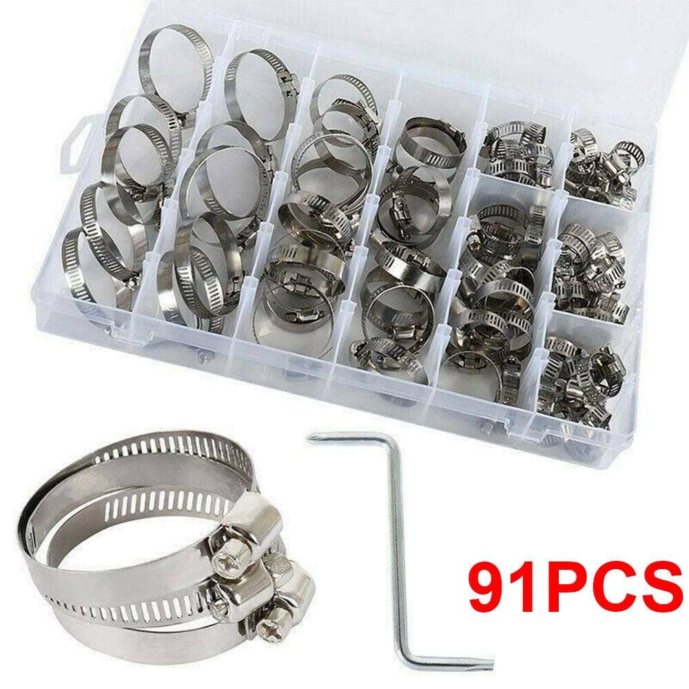 91pcs Assorted Stainless Steel Hose Clamp Kit With No Driver Jubilee Clip Set .