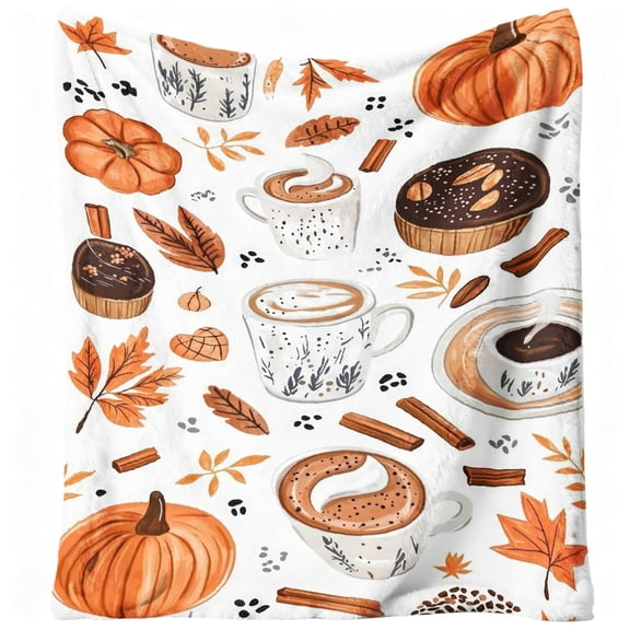 1pc Soft Warm Flannel Blanket - Heavyweight 280GSM All-Season Cozy Throw - Autumn Pumpkin, Coffee Cup, Fall Leaves in Orange, Brown, Beige, White