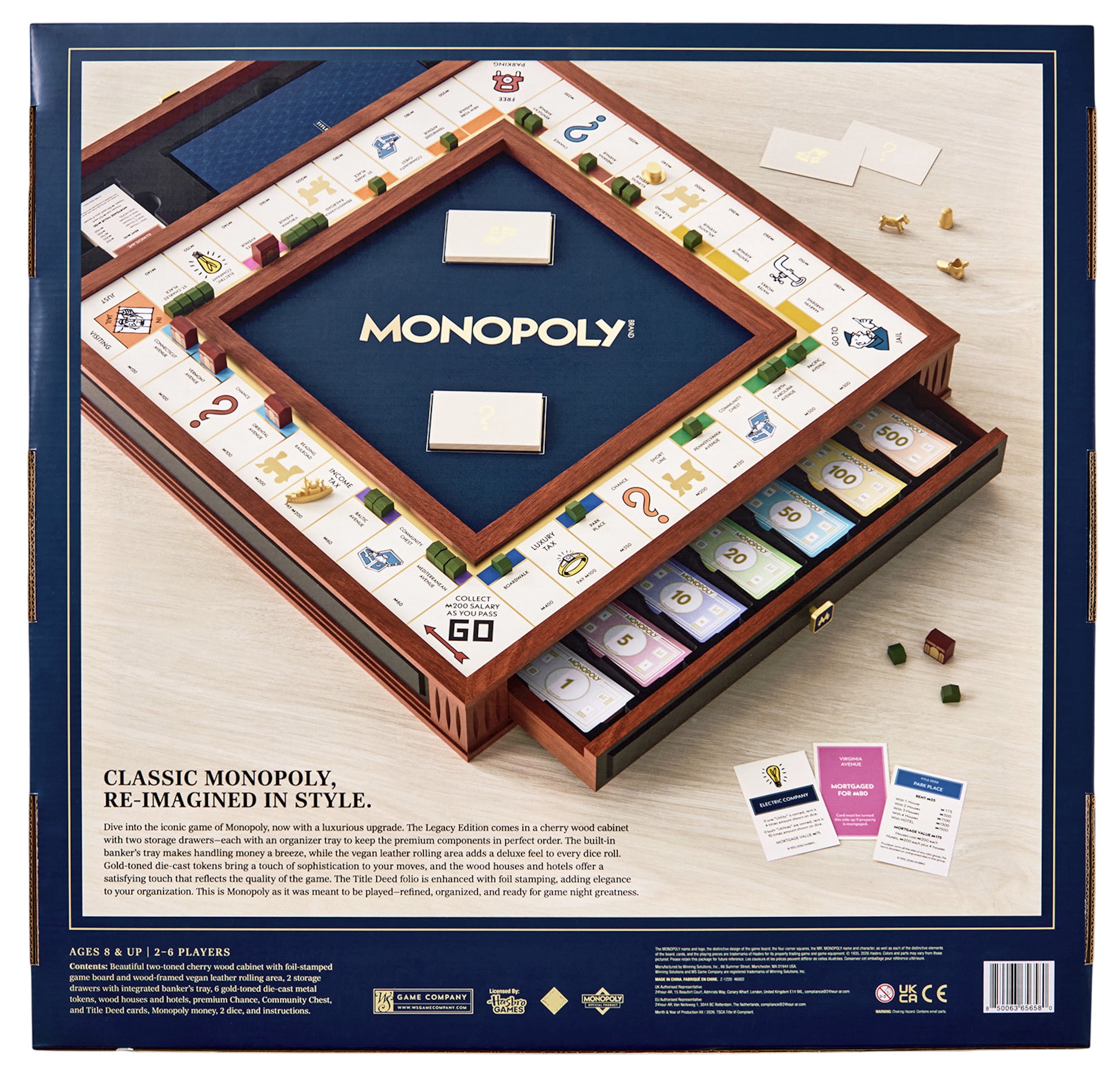 Monopoly Legacy Edition by WS Game Company — Deluxe Cherry Wood Cabinet with Vegan Leather Rolling Area — Premium Collector’s Board Game featuring Two Storage Drawers, Gold-Toned Tokens, Wood Houses