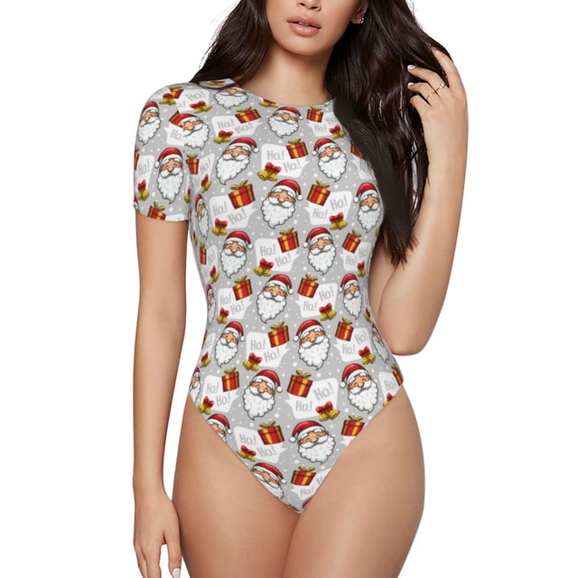 Balery Christmas Santa Claus Body de cuello redondo de manga corta para mujer Tops de manga corta Tops básicos-XX-Large