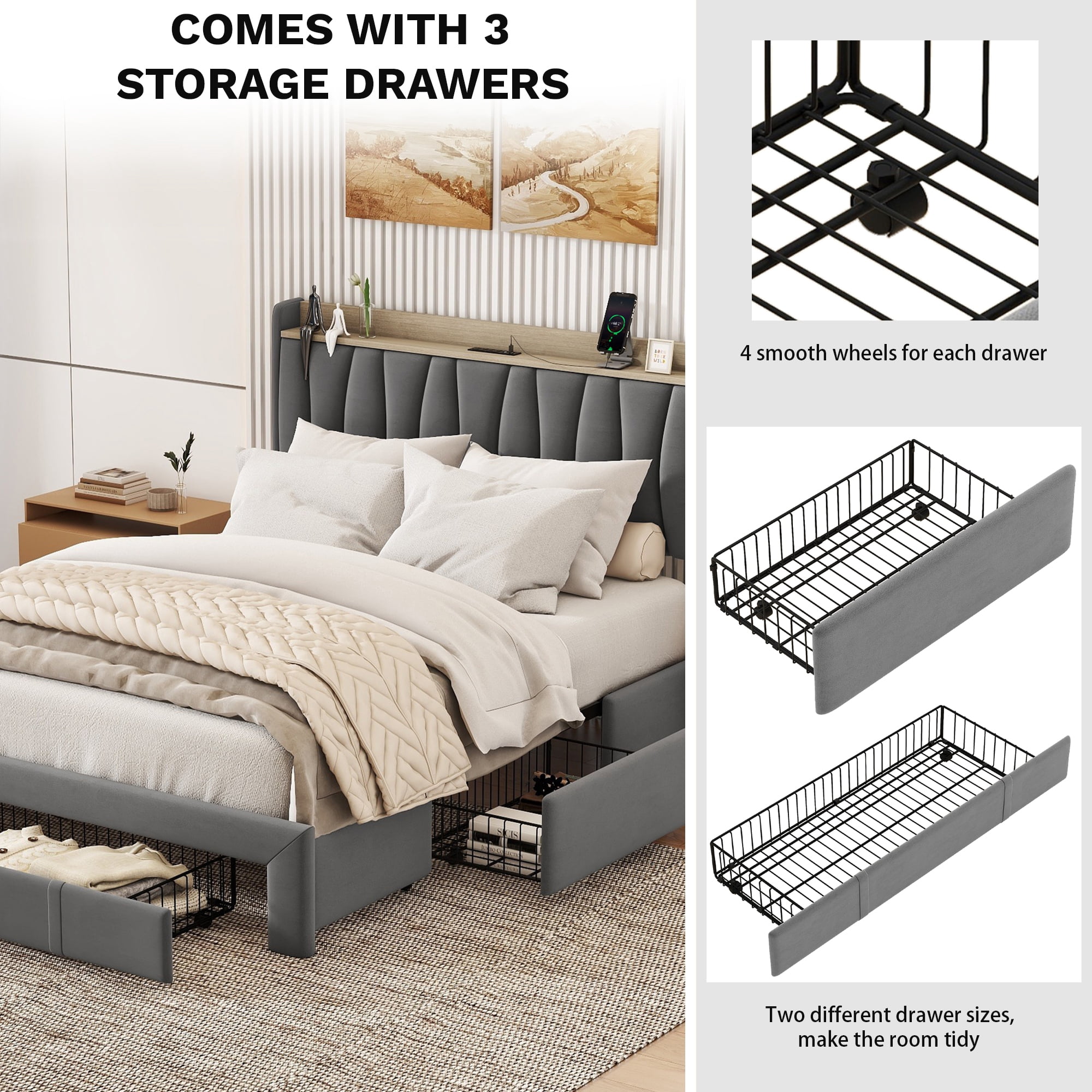 Leumius Queen Size Bed Frame with Storage Headboard & USB Charging Station,Upholstered Platform Bed with 3 Storage Drawers,No Box Spring Needed,Dark Gray