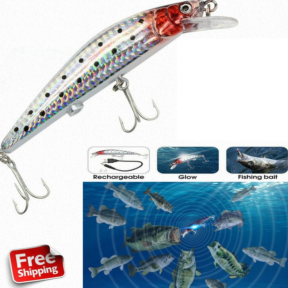 Rechargeable USB Minnow Fishing Lure Electric Flashing Floating LED Light W9R4