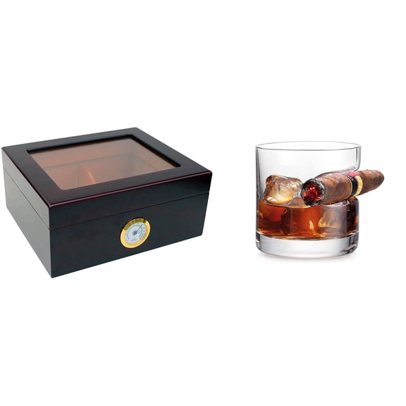 Maypes Whiskey Cigar Glass, Old Fashioned Glasses with Side Holder, 12 Oz, Set of 2