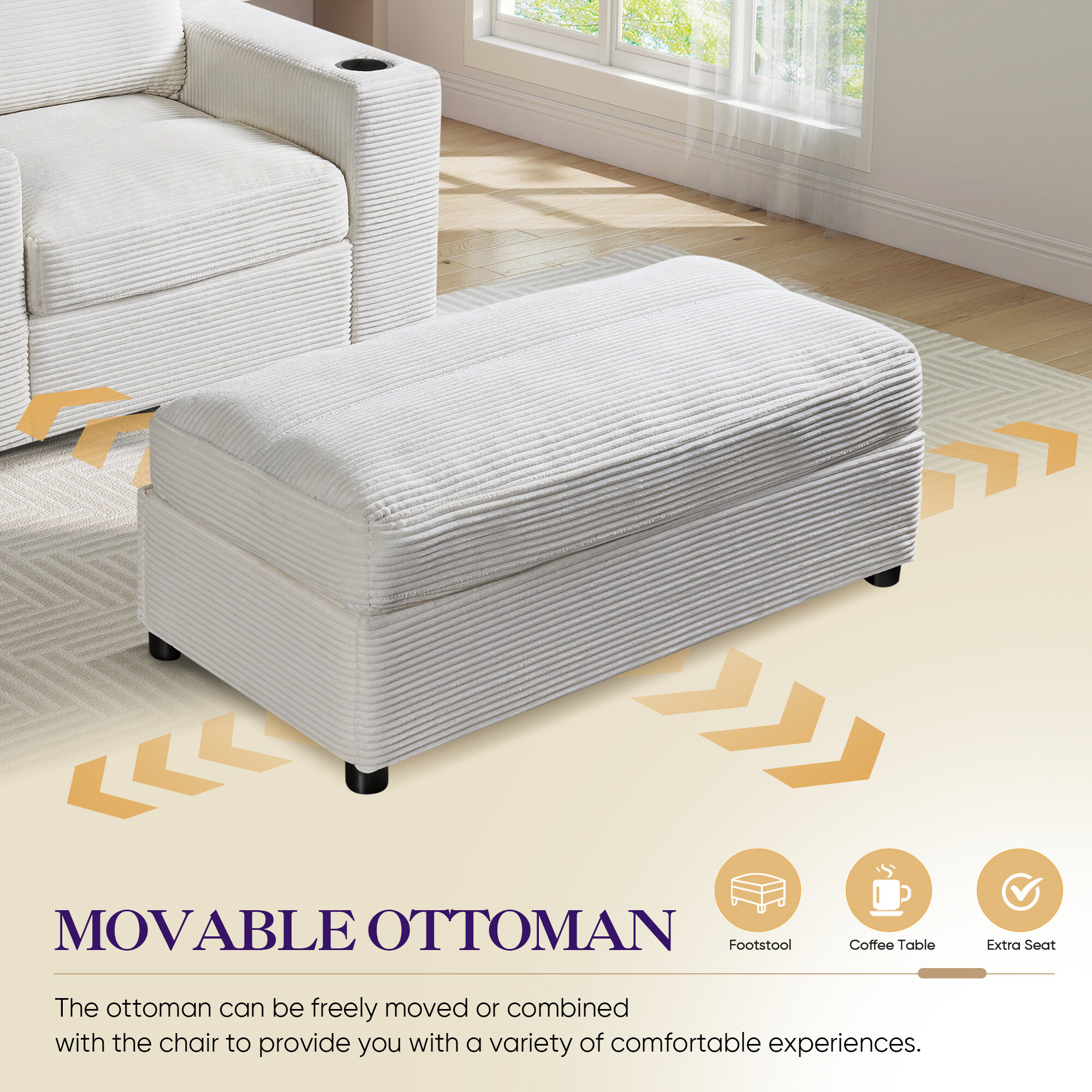 Lunale 42.8" Accent Chair with Ottoman, Indoor Chaise Lounge Chair with USB & Storage, Plush Reading Sofa Armchair for Living Room, Bedroom, Apt, White Corduroy