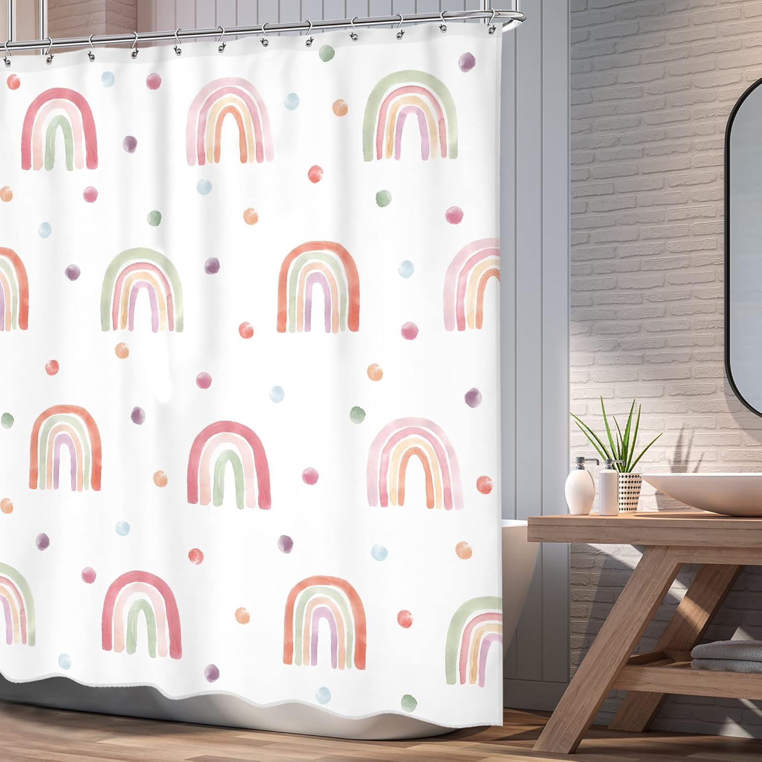 Boho Rainbow Shower Curtain, Pink Polka Dot Shower Curtain for Kids Girls, Cute Shower Curtain Bathroom Set, Modern Minimalist Curtain, Aesthetic Geometric Bathtub Accessories Decor 72Wx72L