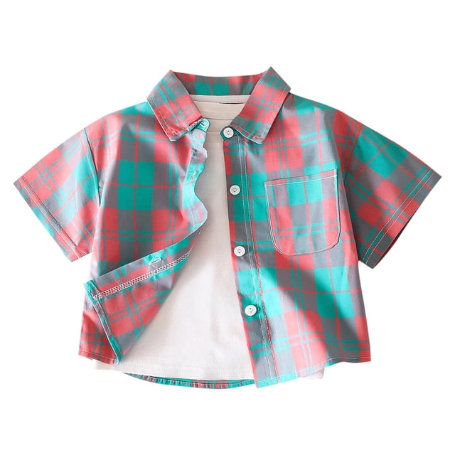 Zpanxa Chemise Boutonnée Garçon Mode Décontractée à Boutons Manches Courtes T-Shirt à Carreaux Col Rabattu Blouse en Coton 1 An