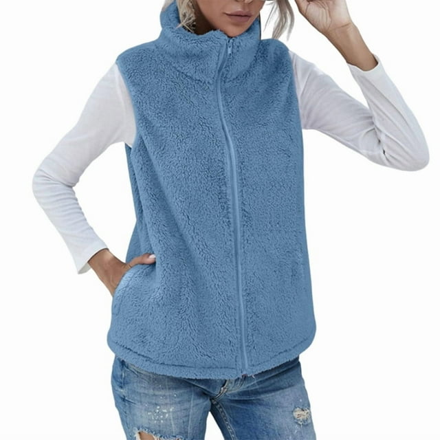 Gilet Sans Manches à Col Roulé pour Femmes, Chaud, en Peluche, avec Fermeture Éclair, Automne Hiver, avec Poches, TG